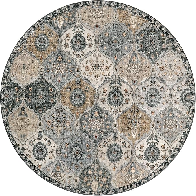 Lahome Moroccan Trellis Washable Circle Rug, Round Rug 5ft Soft Non-Slip, Non-Shedding Distressed Round Carpet for Bedroom Living Room Bathroom Nursery Kitchen, Grey