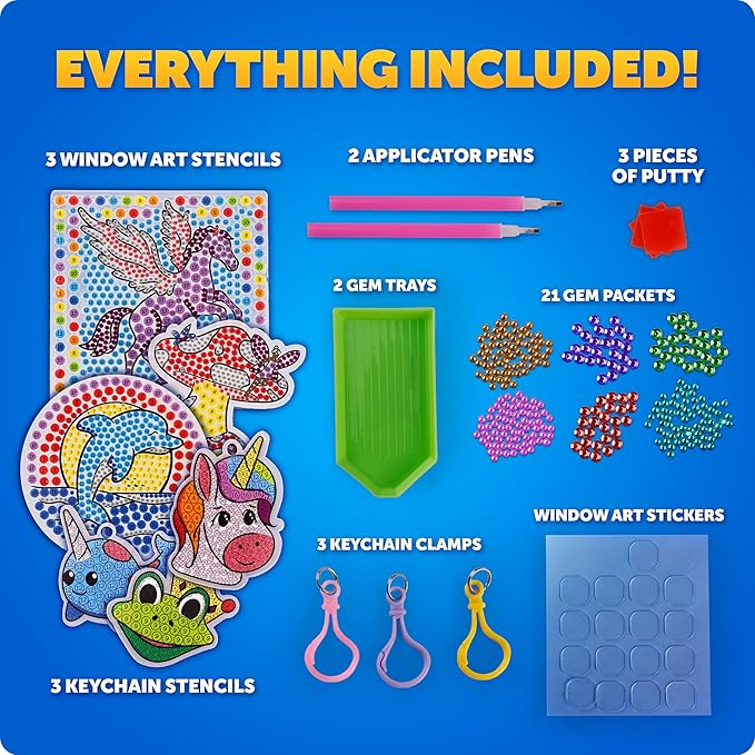 Blue Marble Ultimate Diamond Painting Kit for Kids – 6 Craft Activities with 1500+ Gems, Make 3 Window Art Pieces & 3 Keychains, Includes Applicator Pens, Gem Trays & Stencils, Kids Crafts
