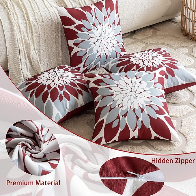 Qahing Pack of 4 Outdoor Waterproof Pillow Covers 16x16 Decorative Outdoor Throw Pillows Garden Square Cushion Cases for Patio Furniture, Couch, Tent Sunbrella, Bench, Burgundy Red Grey