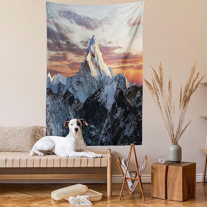 Ambesonne Mountain Tapestry Twin Size, Evening South High Hill Above the Sky Colorful Nepal Everest Photo, Wall Hanging Bedspread Bed Cover Wall Decor, 68" X 88", Bluegrey Salmon