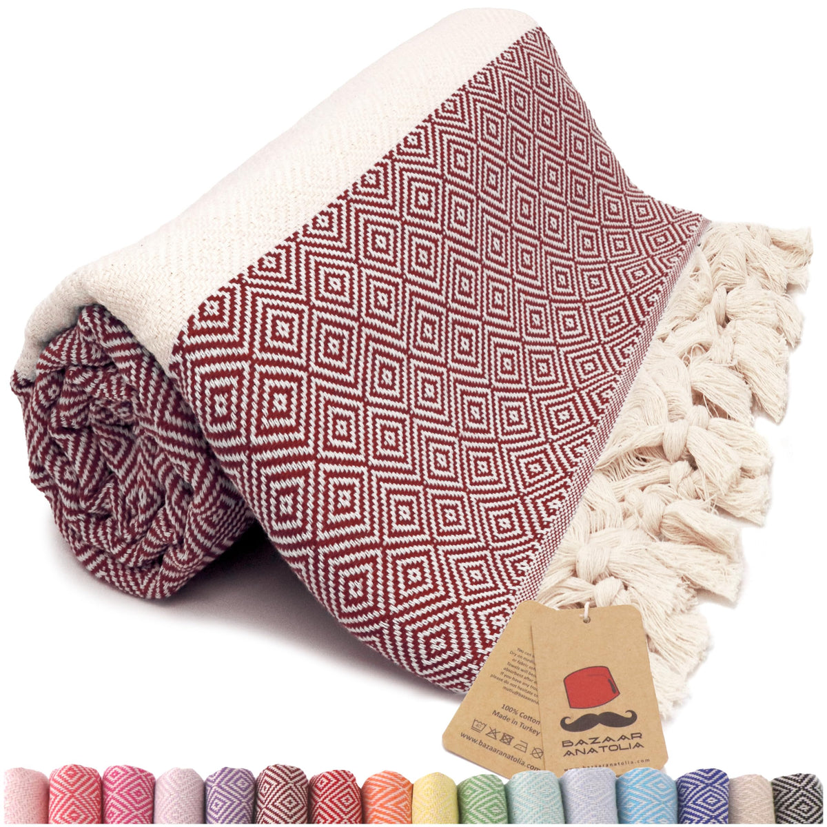 Bazaar Anatolia Turkish Beach Towel, 100% Cotton, 71x39 in, Diamond Maroon