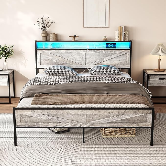 Vabches Queen Size Bed Frame with Headboard and Charging Station, Wash Grey Platform Bed Frame with Led Light, No Box Spring Needed, Noise Free Farmhouse Bedroom Set
