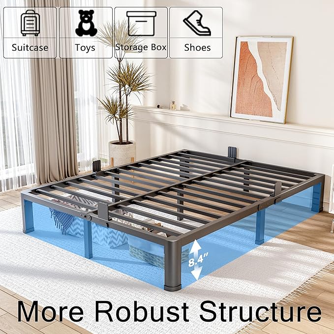 FUIOBYVV 10 Inch Full Bed Frame with Rounded Corner and Headboard Hole Mattress Retainers 3500 LBS Metal Heavy Duty Steel Slats Support No Box Spring Needed Platform Noise Free Easy Assembly