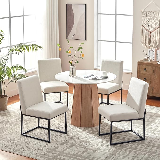 VKNOW Upholstered Dining Chairs Set of 2, Modern Dining Room Chairs, Linen Kitchen Chair Dinner Chair with Black Metal Base for Kitchen Office, Beige-Unstriped