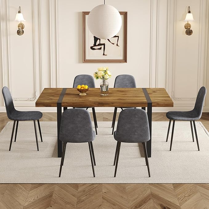 Rustic 7 Piece Dining Room Table Set for 6 People, Mid Century Modern 71 Inch Rectangle Wood Kitchen Dining Table with 6 Fabric Chairs Set, Suitable for Kitchen Dining Room Apartment