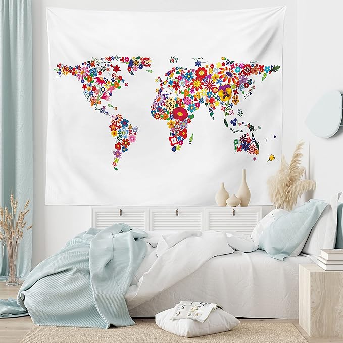 Ambesonne Floral World Map Tapestry, Bunch of Flower Petals Essence Fragrance Garden Growth Theme Atlas Image, Fabric Wall Hanging Decor for Bedroom Living Room Dorm, 28" X 23", Red White