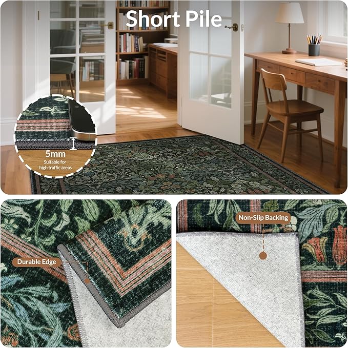 GENIMO Floral Washable Runner Rug 2’6”x10’, Non-Slip Long Hallway Carpet for Entryway, Kitchen, Indoor Floor Use, Vintage Boho Soft Thin Rug Décor, Dark Green