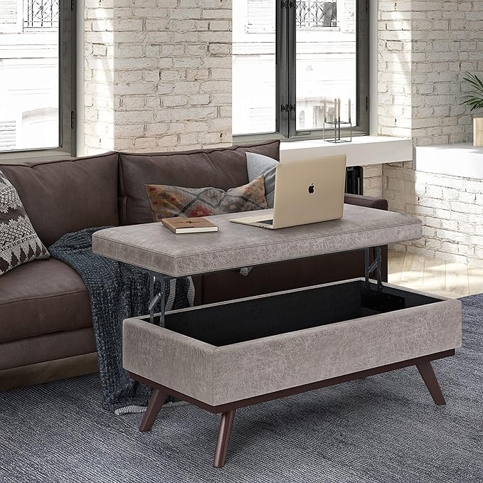 SIMPLIHOME Owen Lift Top Coffee Table Storage Ottoman - 42 inch Wide Upholstered Vegan Leather Rectangular Lift-Top Ottoman in Distressed Grey Taupe, Mid-Century Modern Ottoman for Living Room