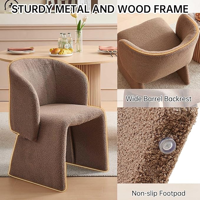 Modern Dining Chair Brown Upholstered Barrel Home Kitchen Chair with Metal Frame, Comfy Accent Chair Teddy Velvet Single Sofa Chair for Living Room,Bedroom