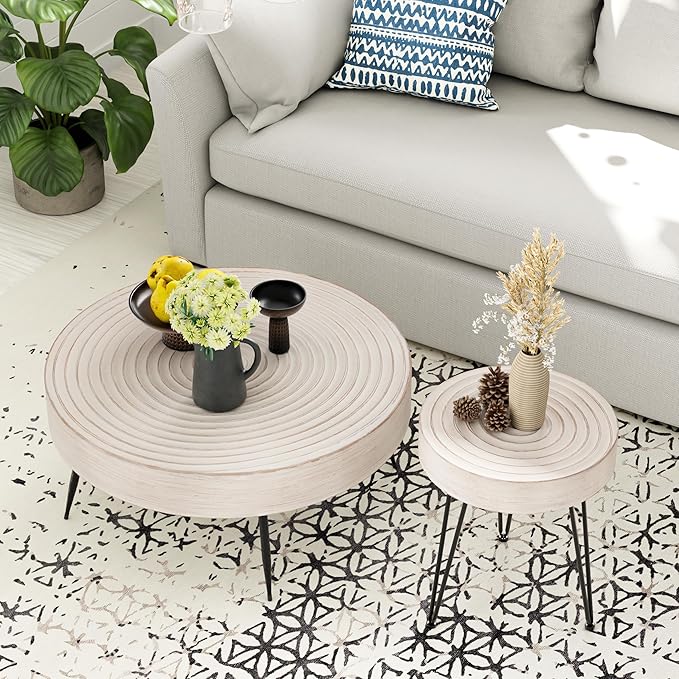 COZAYH 2-Piece Modern Farmhouse Living Room Coffee Table Set, Round Table Natural Finish with Handcrafted Wood Ring Motif, White
