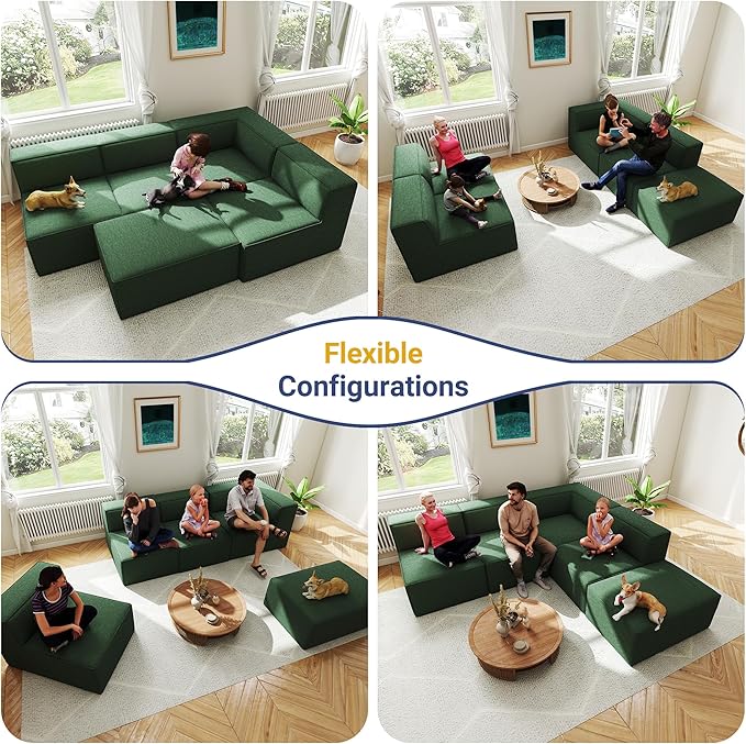 38“ Modular Sectional Sofa Convertible Cube Couch Seat Set, Combine L-Shaped U-Shaped, Free Assembly, Space-Saving for Living Room, Thick Foam Fabric Chenille Green (Only Corner)
