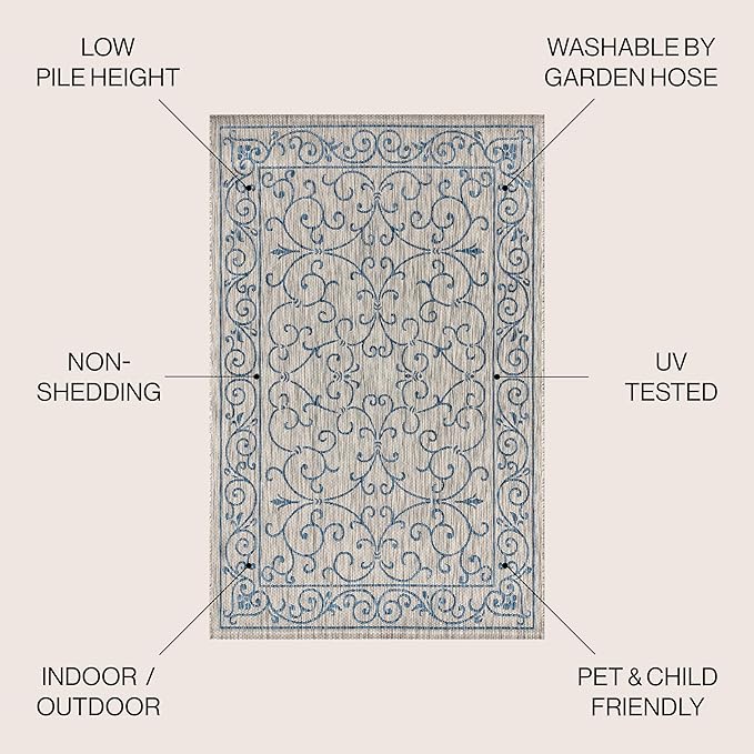 JONATHAN Y Vintage Filigree Indoor Outdoor Area Rug 9X12 Gray/Navy, Charleston Textured Weave for Backyard, Patio, Porch, Easy-Cleaning, High Traffic, Pet-Friendly, Non-Shedding (SMB106C-9)