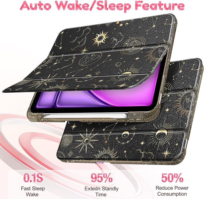 for iPad Air 11 inch M4/M3/M2 (2026/2025/2024) iPad Air 5th/4th Gen (2022/2020) 10.9 inch with Pencil Holder Glitter Clear Pretevtive Cover Auto Wake/Sleep Black Cartoon Stickers