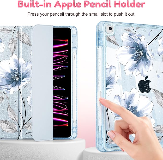 Mektron Sparkly Case for iPad 10.2 inch Glitter Tablet Cases for iPad 9th Gen 2021/8th Gen 2020/7th Gen 2019 Cover with Shiny Clear Back Shell Foldable Bling Smart Cover Blue Floral