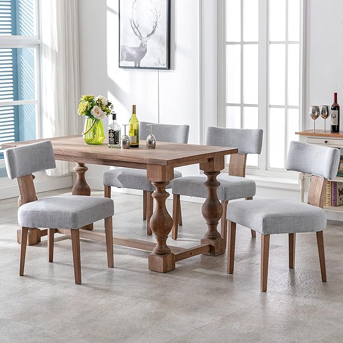 Linen Dining Chairs Set of 6, Modern Dining Chair with Wood Legs, Upholstered Dining Chairs for Dining Room, Kitchen, Vanity, Living Room, Grey