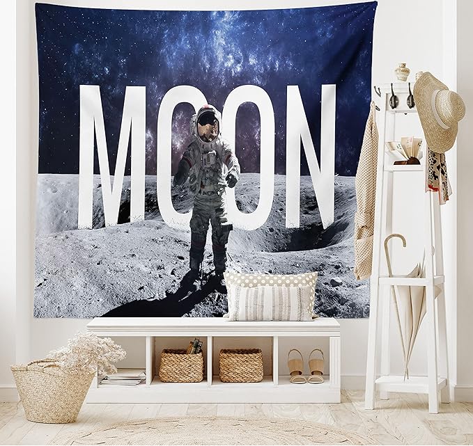 Ambesonne Outer Space Tapestry, Miniature Toy Astronaut on The Foreground of Giant Moon Big Bang Mars Print, Fabric Wall Hanging Decor for Bedroom Living Room Dorm, 45" X 30", Grey Blue