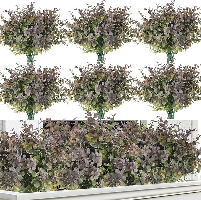 RECUTMS 20 Bundles Artificial Plants Outdoor Faux Plant Eucalyptus Stems Artificial Bushes Boxwood Bushes for Farmhouse Bathroom Office Vase Centerpiece Indoor Outdoor Decor(Dusty Purple)