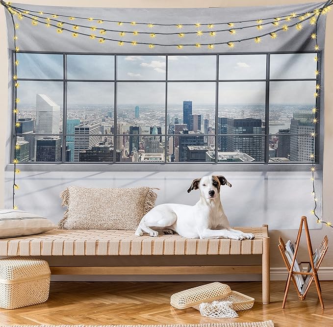 Ambesonne City Tapestry Queen Size, Clean Office with Big Window Downtown Skyscraper Buildings Domestic Cityscape Art, Wall Hanging Bedspread Bed Cover Wall Decor, 88" X 88", Grey White