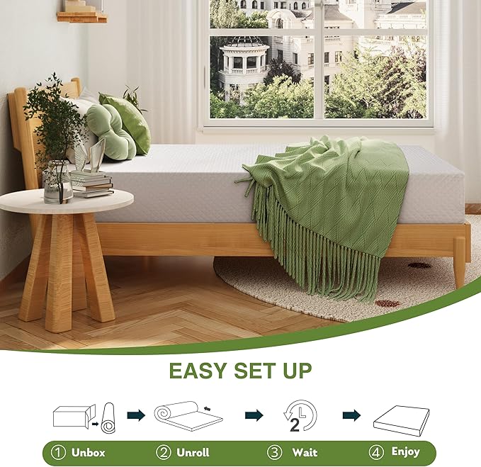 EGOHOME Twin Size Memory Foam Mattress, 10 Inch Bed Mattress in A Box with Cooling Green Tea Gel, Relieve Pressure with Medium Support, CertiPUR-US Certified, 75''L x 38''W, White