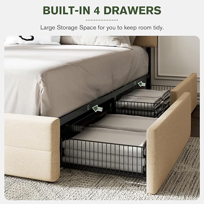 MUTICOR King Size Bed Frame with 4 Storage Drawers, Upholstered Platform Bed with Button Tufted Adjustable Headboard, No Box Spring Needed, Easy Assembly, Square Tufted, Beige Fabric