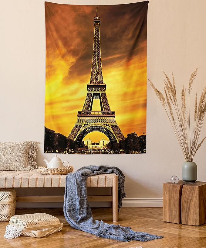 Ambesonne Eiffel Tower Tapestry, Paris Love City Monument in Dramatic Sunrise Picture of French Landmark, Fabric Wall Hanging Decor for Bedroom Living Room Dorm, 30" X 45", Yellow Brown