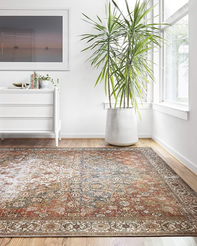 Loloi Layla Collection LAY-05 Ocean/Multi 2'-6" x 7'-6" .13" Thick Runner Rug, Soft, Durable, Vintage Inspired, Distressed, Low Pile, Non-Shedding, Easy Clean, Printed, Living Room Rug