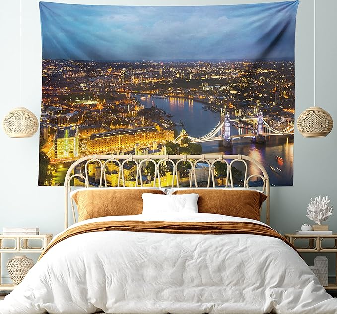 Ambesonne Modern Tapestry Queen Size, Sunset at London England Cityscape Night Time and Tower Bridge Landmark Urban, Wall Hanging Bedspread Bed Cover Wall Decor, Queen Size, Yellow Bluegrey