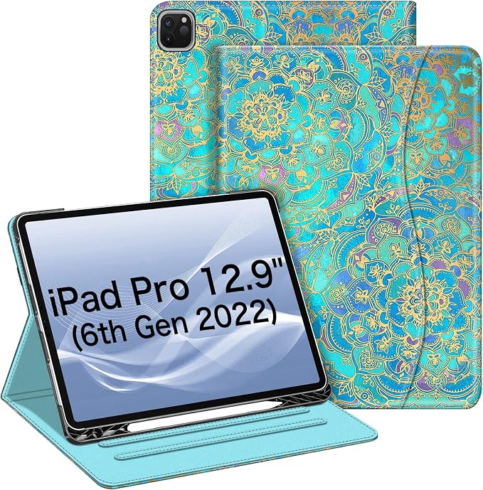 Fintie Multi-Angle Folio Case for iPad Pro 12.9 6th/5th/4th/3rd Generation | Multiple Viewing Angles Pencil Holder &amp Storage Pocket Drop Protection Pencil Charging Auto Sleep/Wake Blooming Hi
