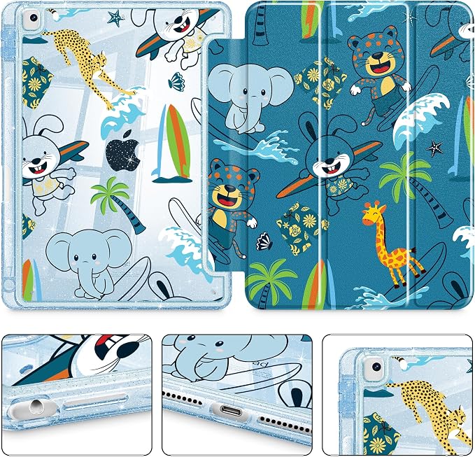 Mektron Sparkly Case for iPad 10.2 inch Glitter Tablet Cases for iPad 9th Gen 2021/8th Gen 2020/7th Gen 2019 Cover with Shiny Clear Back Shell Foldable Bling Smart Cover Blue Floral