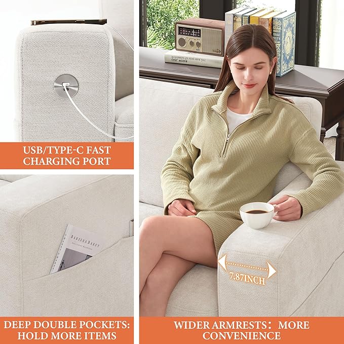 Ihanherry 89" Modern Sofa Cloud Couch, Chenille Deep Seat Sofa with Removable Cover for Living Room, Bedroom and Apartment, Beige