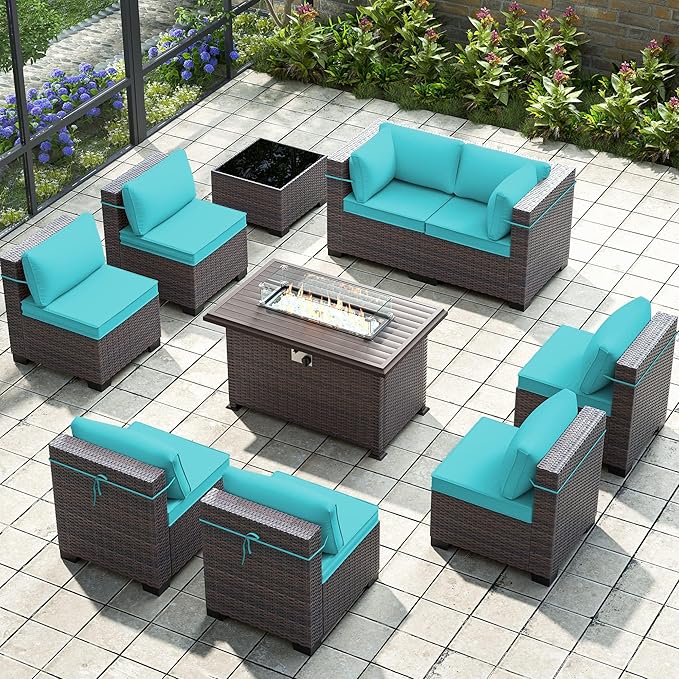 Gotland 10 Pieces Patio Furniture Set with Fire Pit Table, All Weather Rattan Outdoor Furniture with 29.5'' High Backrest 4’’ Thick Cushions Coffee Table, Outdoor Sofa for Deck, Garden, Backyard, Blue