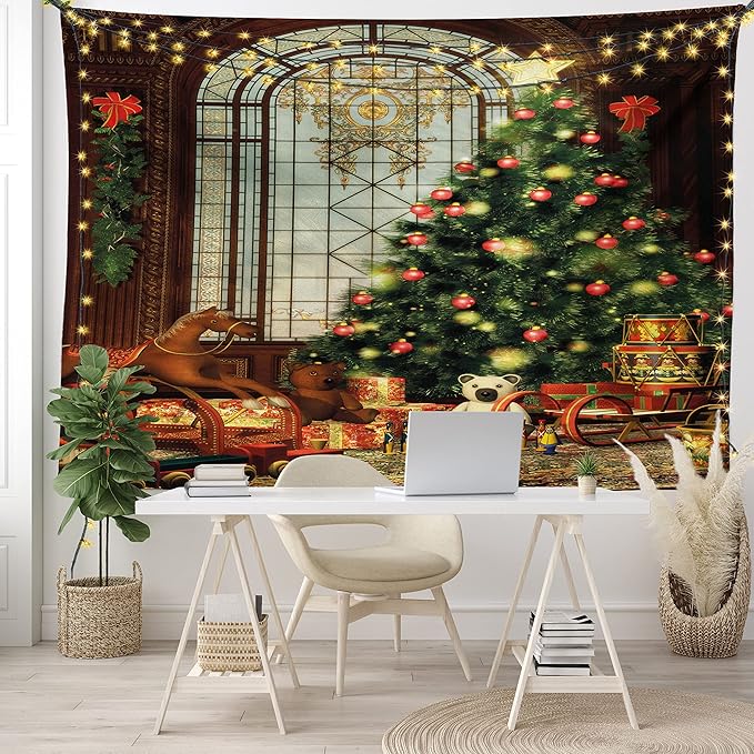 Ambesonne Christmas Tapestry King Size, Vintage Ambiance Big Old Fashioned Window Xmas Tree Various Presents, Wall Hanging Bedspread Bed Cover Wall Decor, King Size, Brown Red Green