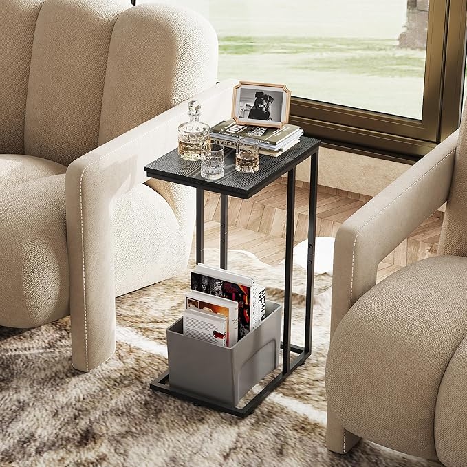 WLIVE Black Side Table,C Shaped End Table for Bedroom, Home Office, Dorm, Living Room Couch Tables, C Shaped TV Tray Table, 2-Tier Side Tables