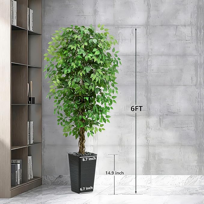 Artificial Ficus Tree 6FT Faux Floor Tree with Planter UV Resistant Potted Fake Silk Plant-Indoor Outdoor Lifelike Fake Ficus Tree for Home, Living Room Bedroom Topiary Tree