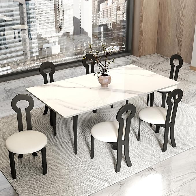 Wooden Dining Chairs Set of 6 Upholstered Kitchen & Dining Room Sherpa Chairs, Mid Century Modern Dining Chairs White with Black Legs