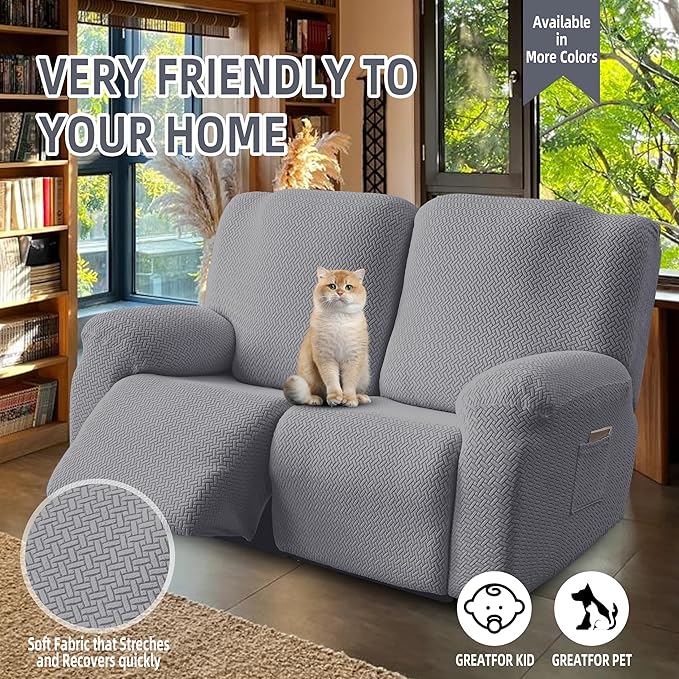 Genina Recliner Loveseat Cover Stretch Couch Covers Sofa slipcover for 2 Seat Reclining Couch Thick Jacquard Furniture Protector (Light Grey)