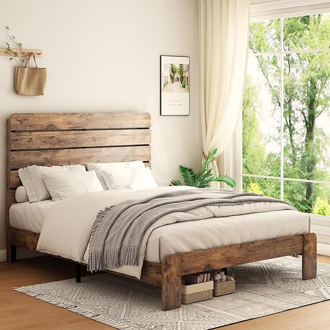 King Size Bed Frame with Wooden Headboard and Footboard, Rustic Platform Bedframe, Wood Slats Support, No Box Spring Needed, Under Bed Storage, Easy Assembly, Brown