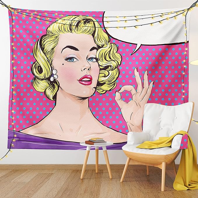 Ambesonne Vintage Tapestry, Pop Art Blonde Woman Making OK Sign on Dotted Background Retro Comic Book Design, Fabric Wall Hanging Decor for Bedroom Living Room Dorm, 23" X 28", Pink Blue
