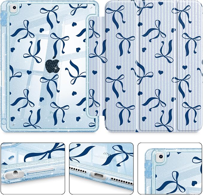Mektron Sparkly Case for iPad 10.2 inch Glitter Tablet Cases for iPad 9th Gen 2021/8th Gen 2020/7th Gen 2019 Cover with Shiny Clear Back Shell Foldable Bling Smart Cover Blue Floral