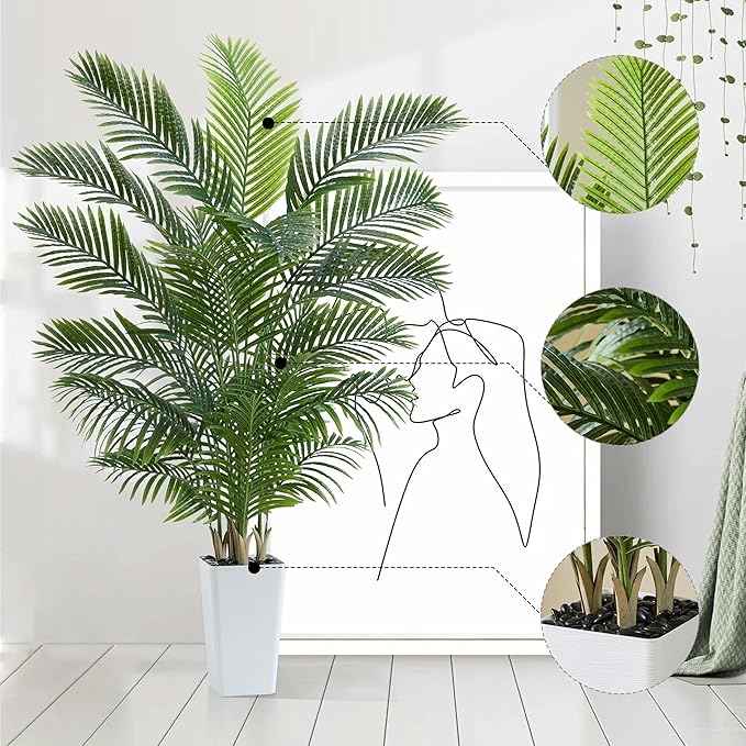 Artificial Palm Tree 6FT - Tall Fake Tree with White Taper Planter & Pebbles, UV Resistant for Indoor & Outdoor, Large Potted Faux Plant, Tropical Areca Floor Plant for Living Room, Office, Home Decor