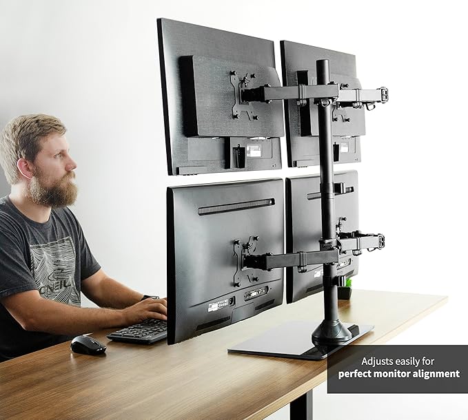 VIVO Black Adjustable Quad Monitor Desk Stand Mount, Free Standing Heavy Duty Glass Base, Holds 4 Screens up to 27 inches, STAND-V004FG