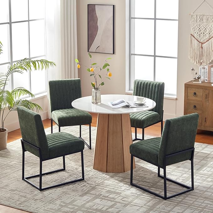 VKNOW Upholstered Dining Chairs, Modern Dining Room Chairs with Stripe, Linen Kitchen Chair Dinner Chair with Black Metal Base for Kitchen Office, Green