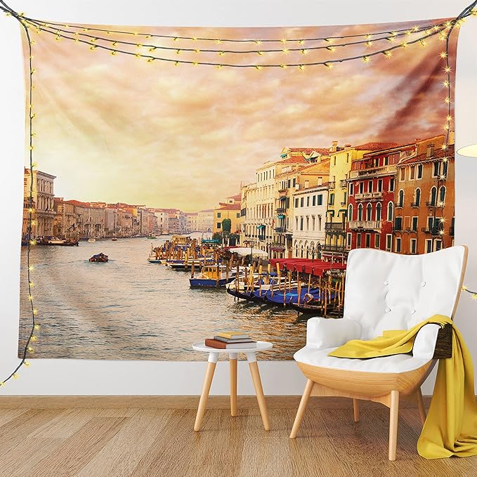 Ambesonne Scenery Tapestry, Venezia City Italian Landscape with Old Houses Gondollas and Spikes Image, Fabric Wall Hanging Decor for Bedroom Living Room Dorm, 28" X 23", Orange Yellow