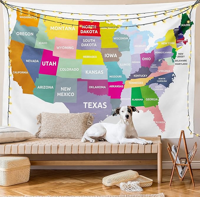 Ambesonne Map Tapestry, USA Map with Name of States in Colorful Design America Geography Cartography Theme, Wide Wall Hanging for Bedroom Living Room Dorm, 60" X 40", Red Yellow