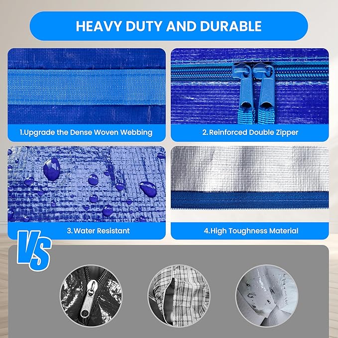 Simple Deluxe 4 Pack Moving Bags, Heavy Duty Storage Totes with Lids, Sturdy Handles& Zipper, Moving Boxes Alternative, Extra Large, for Clothes Packing, Moving Supplies, Blue