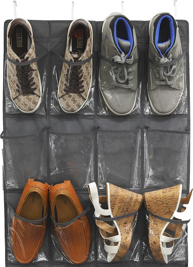 Simple Houseware 24 Pockets Large Clear Pockets Over The Door Hanging Shoe Organizer, Dark Gray (56" x 22.5")