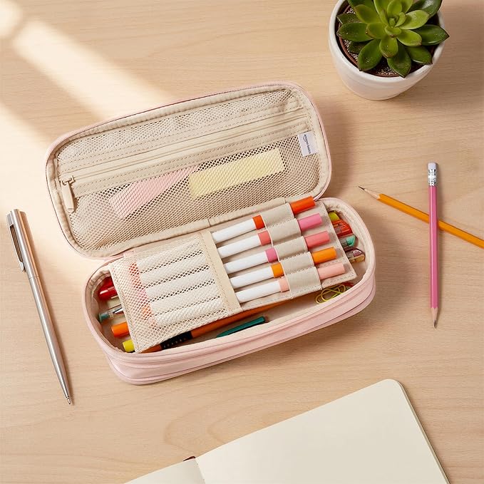 Amazon Basics Large Capacity Pencil Case with Durable Zipper, Multi-Compartment, Rose Mild