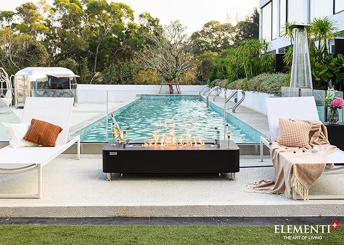 Elementi+ | Valencia Gas Fire Pit | Cast Concrete Body & Marble Porcelain Top | 62" Rectangular Fire Table | Electronic Ignition | Canvas Cover, Fire Glass & Burner Lid Included | Black | Propane Gas