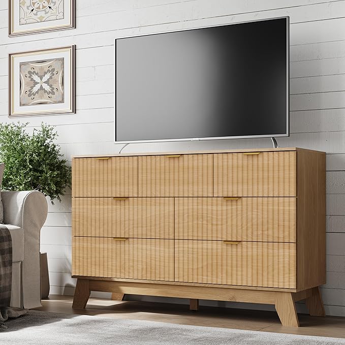 Fluted 7 Drawer Dresser, 47.2" Wide Modern Boho Chest of Drawers, Wooden Storage Dresser TV Stand for Bedroom, Living Room, Closet, Hallway, Curved Profile Design
