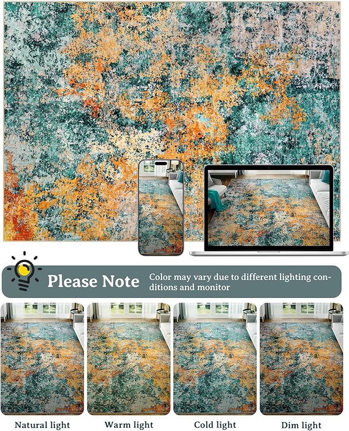 Washable Area Rug for Living Room: 6x9 Modern Abstract Neutral Soft Rug for Bedroom Dining Room No Slip Low Pile Carpet for Nursery Home Office - Teal/Orange